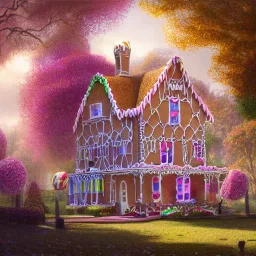 rambling, Victorian house made of gingerbread and vibrant candy, cotton candy trees and gumdrop walkway, 8k resolution, centered, high-quality, ultrafine-detail, digital art, detailed matte, volumetric lighting, illustration, 3D octane render, brian froud, howard lyon, greg rutowski, George Grie