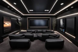 a black themed dedicated home cinema room with LED ambient lighting in the walls make sure the room is completely symmetrical