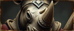 3d airbrush render, close up on rhino badger warrior priest , pinhole cam, airbrush 3d rendering, in the style of Titian and Rembrandt , torn edges on border