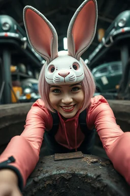 Closeup Goth Asian woman smiling, lying pose, rabbit mask, pink short hair, latex suit, ragged clothes, fullbody, dieselpunk, valves and old cars behind, the perspective looking up from the bottom of an empty well , 8k,macro photography,