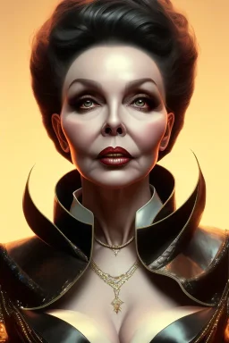 Joan Collins as evil queen in black leather, leather, busty, cleavage, angry, stern look. character design by cory loftis, fenghua zhong, ryohei hase, ismail inceoglu and ruan jia. unreal engine 5, artistic lighting, highly detailed, photorealistic, fantasy