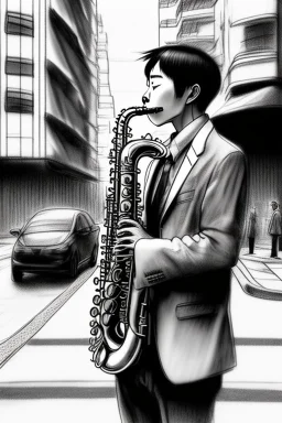 One single mature cat playing saxophone on the street, Osaka, thoughtful, mourning, model style, hyper realistic, extremely accurate, delicate, extremely detailed, Graphic novel style, wide-angle, open aperture, superfine pencil