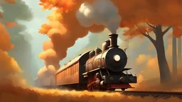 Goro Fujita illustrating An antique steam train with a large white cloud coming out of the chimney travels through a beautiful autumn forest along the railroad tracks, art by Goro Fujita, concept art, sharp focus, ArtStation