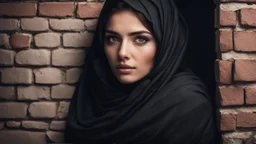 Hyper Realistic Young-Beautiful-Pashto-Women-With-Beautiful-Eyes-giving-bold-expressions in black shawl peeking-half-faced from a cracked-brick-wall at night with dramatic & cinematic ambiance