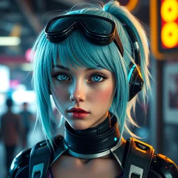 a pretty cyberpunk girl, cyborg, bright hair, young, futuristic, dystopia