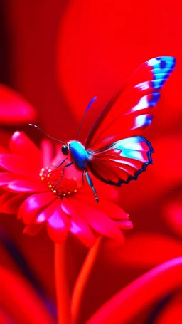 A picture of a red butterfly on a red red flower in a plastic painting with colors that express joy 8k