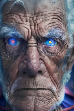 old man with big gray eyes waring superman custom with galaxy background