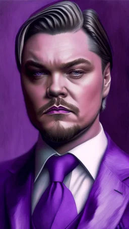 leonardo dicaprio look a like portrait ultra realistic in suit, purple colors