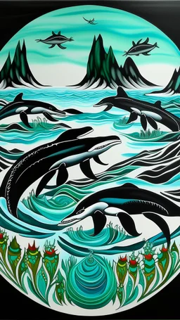 A turquoise glacial ocean with orcas designed in Navajo baskets painted by Arthur B. Davies
