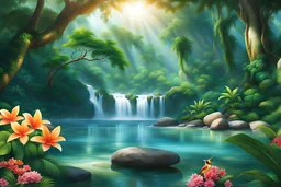 Create a realistic picture of a jungle with vibrant flowers and towering trees. Include beautiful animals like colorful birds, playful monkeys, and graceful deer. Add a winding river with crystal-clear, wavy water flowing gently over smooth rocks on the riverbed. Let the sunlight filter through the canopy, casting a warm glow on this serene and enchanting landscape.