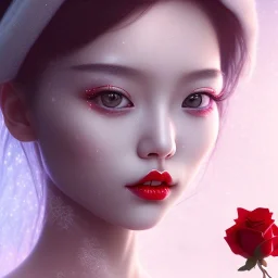 a teenage Asian girl blessed with beauty so flawless and enchanting. Lips red as the rose, hair black, and skin white as snow describes her most notable features, red lips and rosy cheeks. 3D human portrait, raytracing, volumetric light.