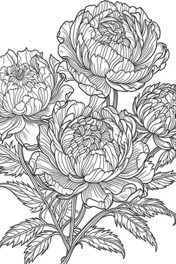 Outline art for coloring page, PEONY FLOWERS WITH STEMS, coloring page, white background, Sketch style, only use outline, clean line art, white background, no shadows, no shading, no color, clear