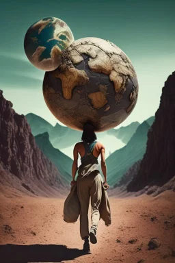 a woman carrying the weight of the earth on her back like Atlas