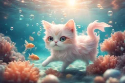 cute chibi dinamycally swimming antropomorph cat fairy in the sea, fishes, corals, shells, bubbles in sunshine, ethereal, cinematic postprocessing