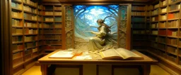 working at the endless library diorama by alphonse mucha