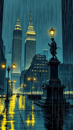 An atmospheric, noir-style illustration of a rainy cityscape at night, featuring glowing streetlights reflecting off the wet pavement, towering Art Deco skyscrapers, and a statue evoking a sense of intrigue and timelessness.thin line draw