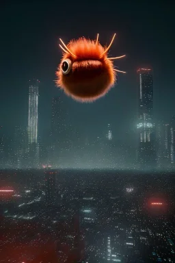 Giant ball hair monster flaying on Tokio skyline night.