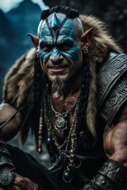 portrait of an orc king. Tribal Tattoo. Dark braided hair and ice blue eyes. smiling. Half of his head is shaved. wearing jewellery. Carrying a battleaxe. High resolution. 4K. 8K. Dark Fantasy style. Cave in the background