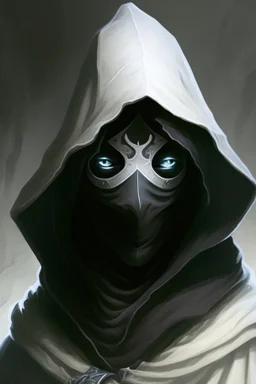 dungeons and dragons man wearing black robes and hood wearing a white mask with eyeholes