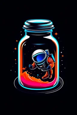 astronaut in a mason jar that's themed to look like a spaceship traveling to mars. The spaceship has engine fire coming out of the back, and the whole style should be that of a tech company logo.