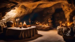 204, Inside a luxury ancient Neanderthal cave dwelling underground, beautiful furs, stone furniture, oil lamps, food and drink, primitive affluence, chiaroscuro, color, award-winning colour photograph, beautiful composition, detailed, realistic, confident beauty, strange