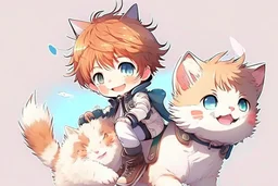 cute chibi anime boy is riding a cute fluffy chibi anime cat