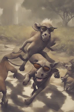 Close-up animation of a mischievous group of wild warthogs wearing sunglasses and attempting to breakdance in a comical fashion.