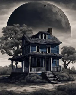 A realistic scene, an old home from the 1930's. the background is a planet that is on the edge of collapse. the skies are dark blue,, the trees are barren. it is very depressing,