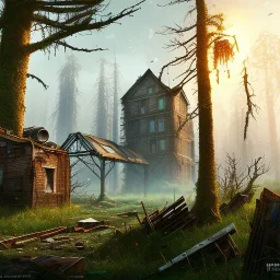 Postapocalyptic scenery, town, forest, brick houses, overgrown, 16k