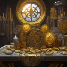 dynamic lighting, Intricately detailed, Splash screen art, deep color, Unreal Engine, volumetric lighting, silver coins, gold coins, silver treasure, stacked coins, indoors, altar, black table, sigil, shiny, windows, cathedral,