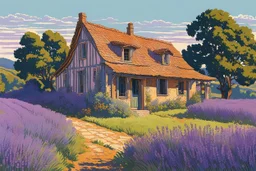 museum quality color woodcut landscape of a fanciful 1920's ramshackle and dilapidated French country cottage nestled amidst the lavender fields of Provence, on a blissful summer morning, in the style of Gustave Baumann, with a fine art aesthetic, highly detailed, finely cut ,8k render, soft early summer colors