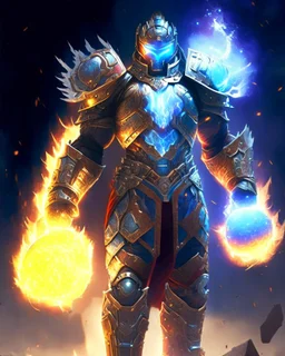 An armor made of a mixture of steel and leather, worn by a strong commander with magical power K's infinity gauntlet has six infinity stones While standing on a majestic height from afar A flaming-eyed commander with flaming light blue pupils stands atop a squire