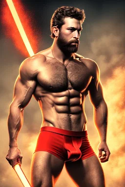 Ignore NSFW, teenager young rugged attractive slightly muscular fantastic handsome man, red briefs with yellow belt, hairy chest, (((visibly pisssing))) briefs, large erect visible boner peniss, photorealistic, artist Jay Anacleto, soft lighting, scruffy beard