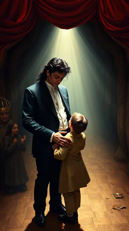 Hieronymus Bosch style , Michael Jackson wearing a suite holding his young son who is standing in front of him in romantic trajectories, 4k