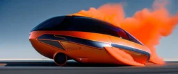 award winning car and driver photograph of a futuristic station wagon designed by only one vehicle per image painted metallic orange traveling at a high rate of speed, jet intake off of front center of vehicle and jet exhaust out the rear with bright blue flame, bilaterally symetrical, more a high speed road vehicle