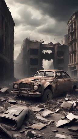 City ruined, building destroyed, apocalipsis, car