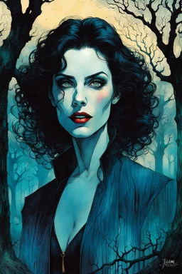 create a fine art print illustration of a Jewish female vampire with ,highly detailed feminine facial features, surrounded by ancient oak trees, in the old city of Krakow, shrouded in a fetid mist at midnight , in the comic book art style of Bill Sienkiewicz, and Jean Giraud Moebius, finely textured, drawn, colored, and inked