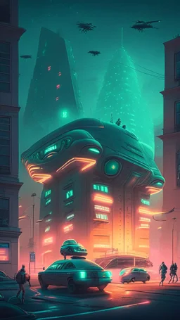 alien buildings with people and lights and cars and trucks