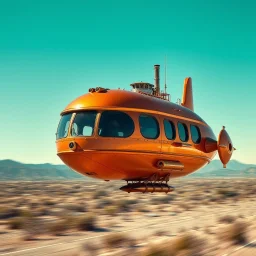 award winning photograph of a steampunk house-fly ufo dirigible designed by only one vehicle per image painted metallic orange traveling at a high rate of speed, jet intake off of front center of vehicle and jet exhaust out the rear bilaterally symetrical,