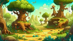 Fantasy cartoon illustration for children: jurassic millions of years ago, with towering prehistoric trees, bubbling mud pits