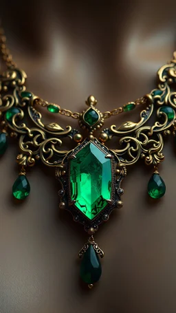 gothic emerald and gold necklace, perfect composition, hyperrealistic, super detailed, 8k, high quality, trending art, trending on artstation, sharp focus, studio photo, intricate details, highly detailed, by greg rutkowski