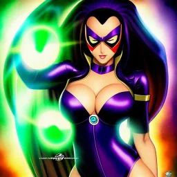 ultra detailed fullbody portrait of beautiful busty Raven teen titans, wearing skintight costume, extremely detailed digital painting, intrincate, extremely detailed smiling face,crystal clear Big Green eyes, in the style of adam hughes , mystical colors , perfectly centered image, perfect composition, rim light, beautiful lighting,8k, stunning scene, raytracing