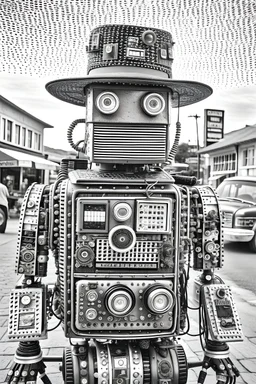 antique worn black and white photo of a robot that is made out of antique cameras and lenses and antique electronics with wires interconnecting wearing a cowboy hat standing in the middle of a dusty wild west town road