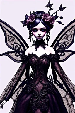 A whimsical dark fantasy detailed doll-like dark fairy figure with wings, an ethereal presence and hyper-realistic features. Her ewaring a victorian, goth enchanted aesthetic. Her large, dark eyes shimmer with mystery, while her flowing lacy long gown sways as if caught in an unseen breeze. Ornate wire spirals and dried dry floral elements crown around, giving her an otherworldly, nature-bound elegance with dark lace, shadows, fog in a surreal atmosphere. Hyperrealistic, splash art, concept art