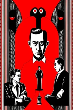 Mikhail Bulgakov’s The Master and Margarita, red background, black, white figures, bizarre, surreal, plakat