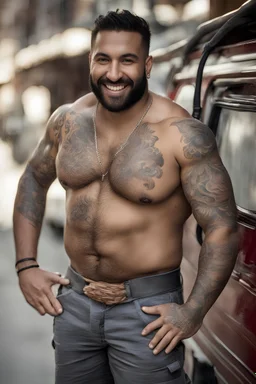 half figure photography of a 33 year old beefy burly latino smiling , shirtless, bulging shorts, leaning with his back to his van, hands on the fap, big shoulders, hairy chest, tattoo, very virile, short beard, short hair, side light, in a sunny street, photorealistic