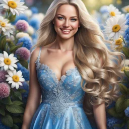 (best quality, 4k, 8k, highres, masterpiece:1.2), ultra-detailed, (realistic, photorealistic, photo-realistic:1.37),hyper realistic, full body gorgeous smiling 1woman,long hair,looking at viewer,realistic proportions,blue eyes,hair ornament,dress,very long hair,flower,blonde hair,parted lips,necklace,white dress,blonde hair,lips,blurry background,freckles,realistic,head wreath, pink flower,realistic portrait