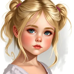 a pretty girl, age 8, blonde hair in bunches, digital painting, stylised