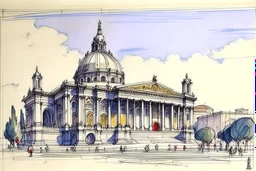 deseneaza cu penita si tus colorat cu acuarela , un sketch in stil minimal art , hasurat cu linii scurte de hasuri oblice scurte , cu mare acuratete si contrast , stil gravura pe metal reprezentand sanctuarul Sfantu Petru din roma antica , in stilul miniaturilor persane