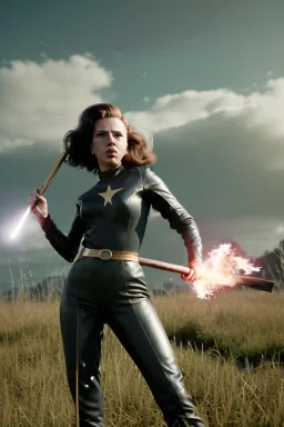 retro portrait image from 1960, explosion background, wind, long hair, young Scarlett Johansson, classic black tight lycra suit, metal stick weapon, gold bracelet and belt, high heel boots, soft color, highly detailed, unreal engine 5, ray tracing, RTX, lumen lighting, ultra detail, volumetric lighting, 3d, finely drawn, high definition, high resolution.